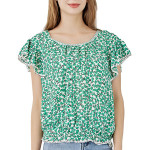 Short Sleeve Ruffle Blouse-Green