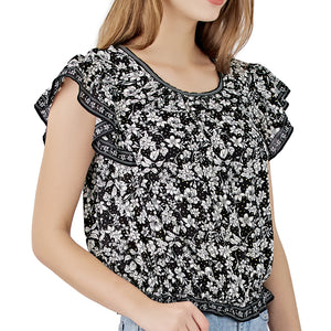 Short Sleeve Ruffle Blouse-Black