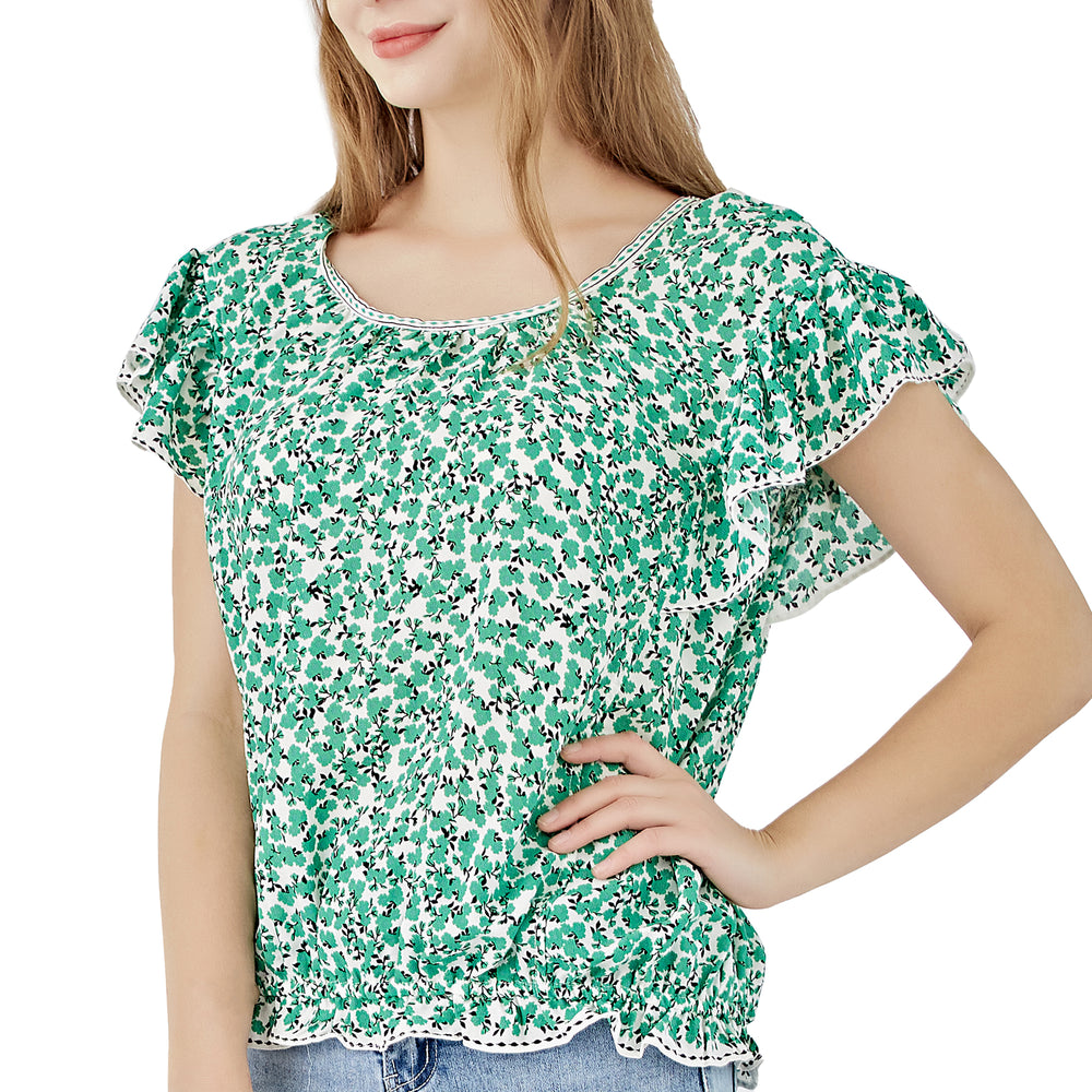 Short Sleeve Ruffle Blouse-Green