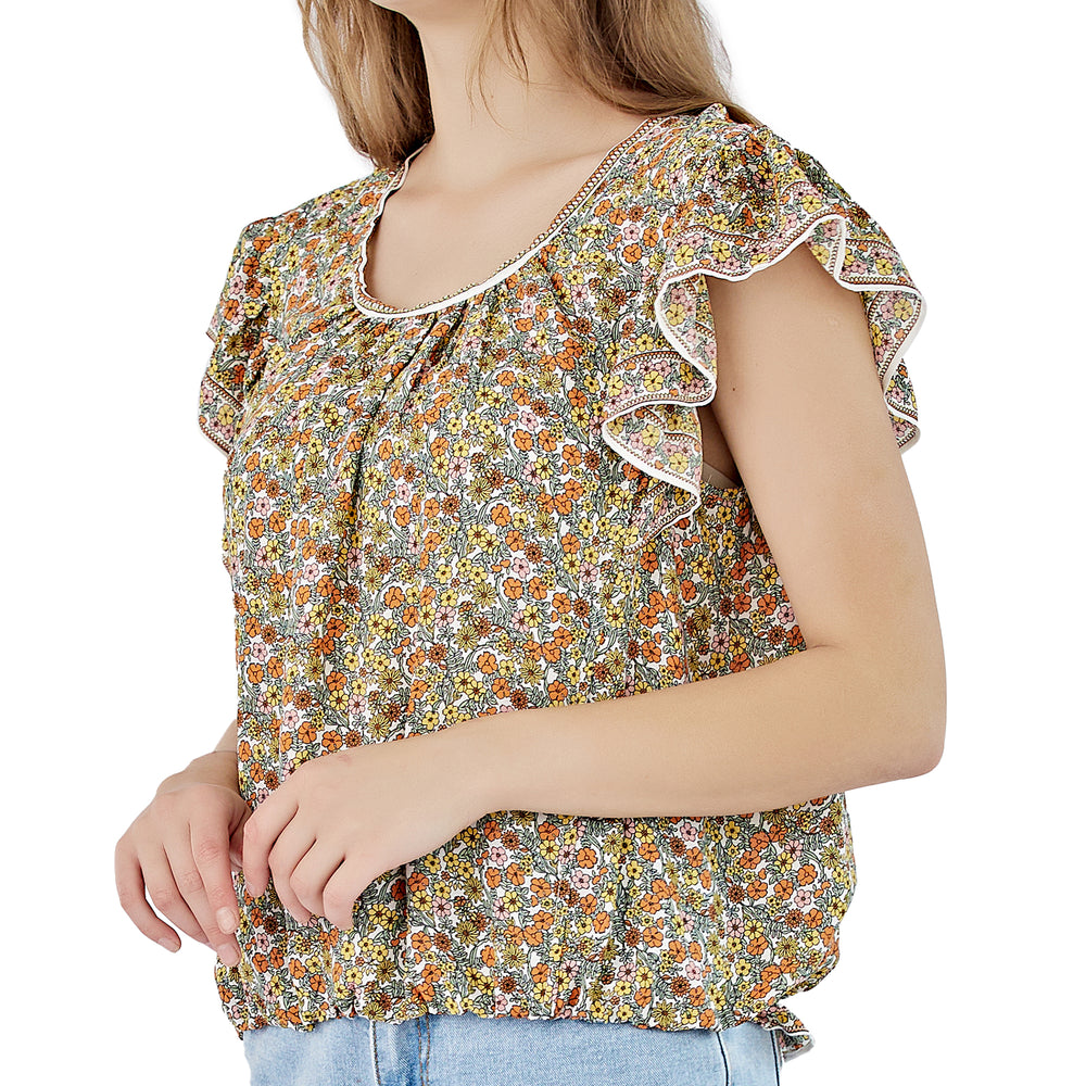 Short Sleeve Ruffle Blouse-Brown