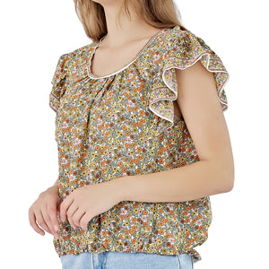 Short Sleeve Ruffle Blouse-Brown