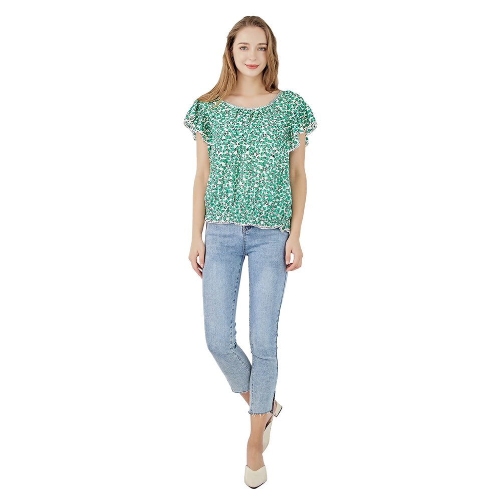 Short Sleeve Ruffle Blouse-Green