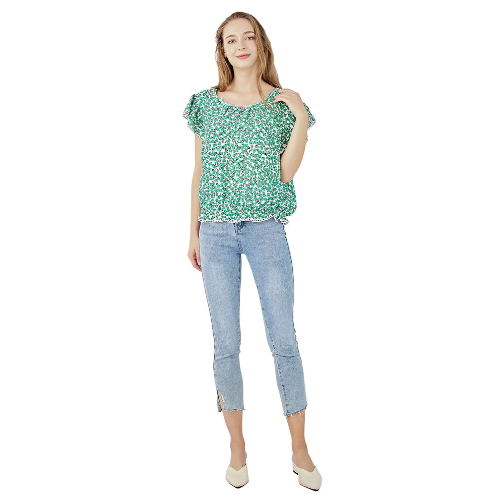 Short Sleeve Ruffle Blouse-Green