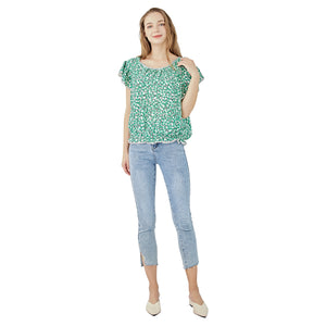 Short Sleeve Ruffle Blouse-Green